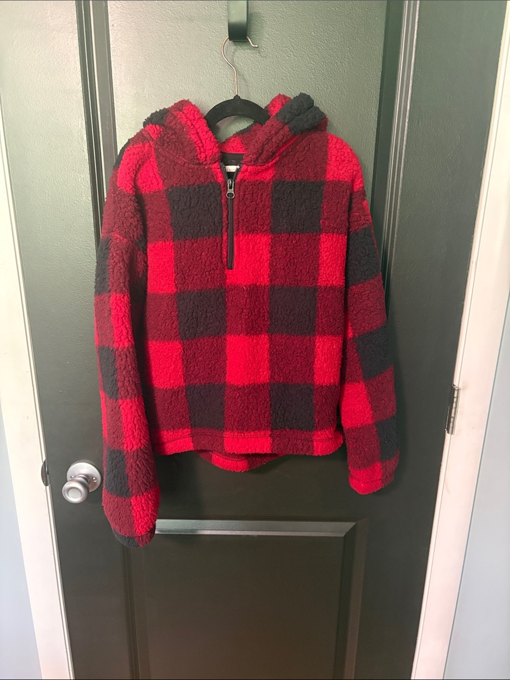 SO girls large 10/12 fluffy hooded buffalo check quarter zip